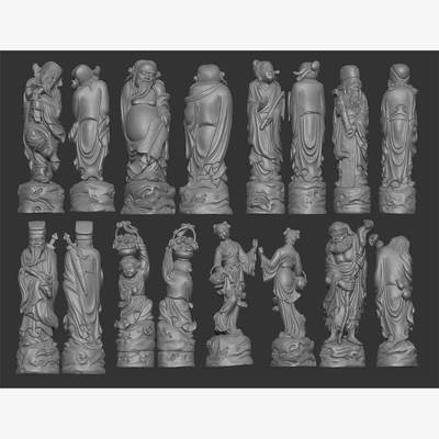 八仙过海仙人雕塑圆雕图雕刻机STL文件3D打印模型图纸