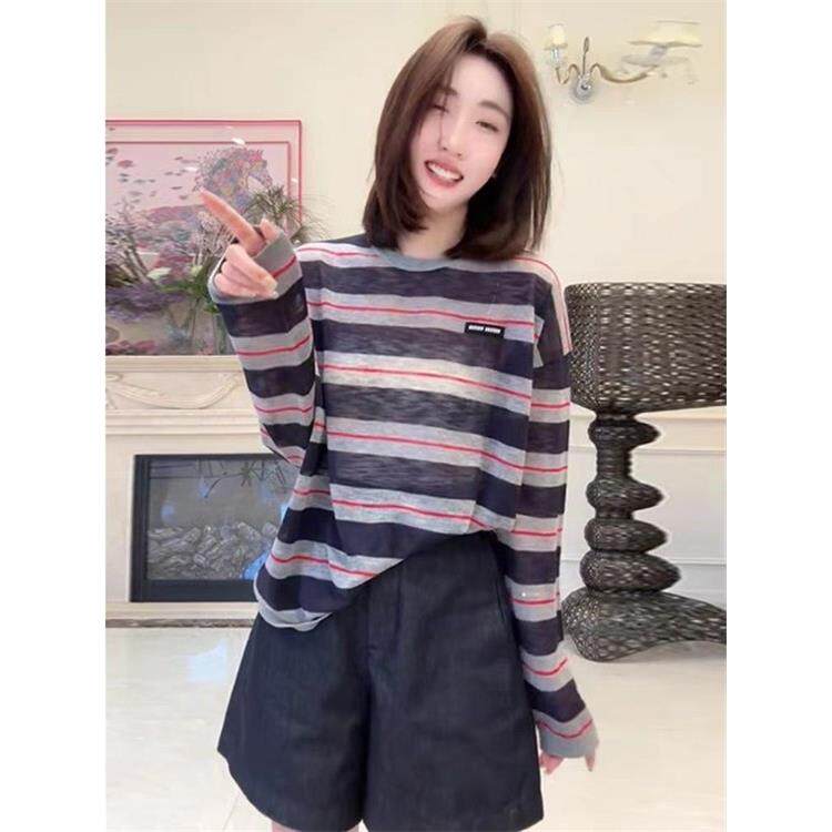 MONLOUVE夏天绝美条纹长袖t恤防晒罩衫女薄款宽松高级感上衣
