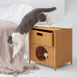 通半封闭双层猫屋半封闭房子藤编床头柜猫窝 手工编织宠物窝四季