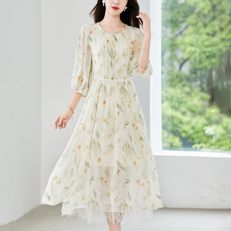 声雨竹法式真丝连衣裙夏季新品高端气质钉珠遮肚显瘦中年妈妈桑蚕