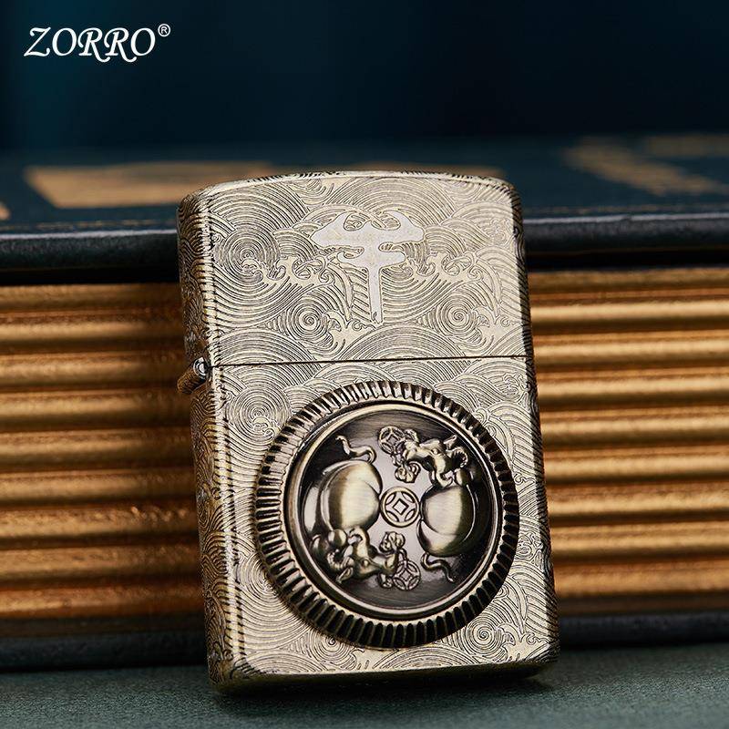 ZORRO/佐罗Z92048牛转乾坤煤油打火机解压旋转复古纯铜男士高