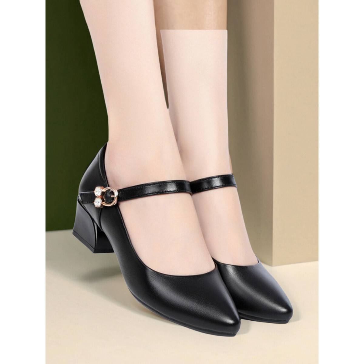 粗花呢风格玛丽简鞋t台浅皮鞋女式平底鞋新款真皮中跟尖头大码女