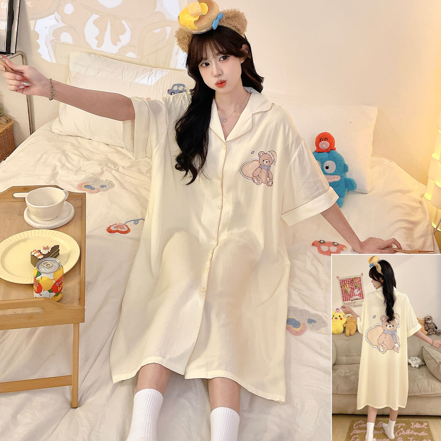 女款夏季莫代尔短袖卡通开衫睡裙