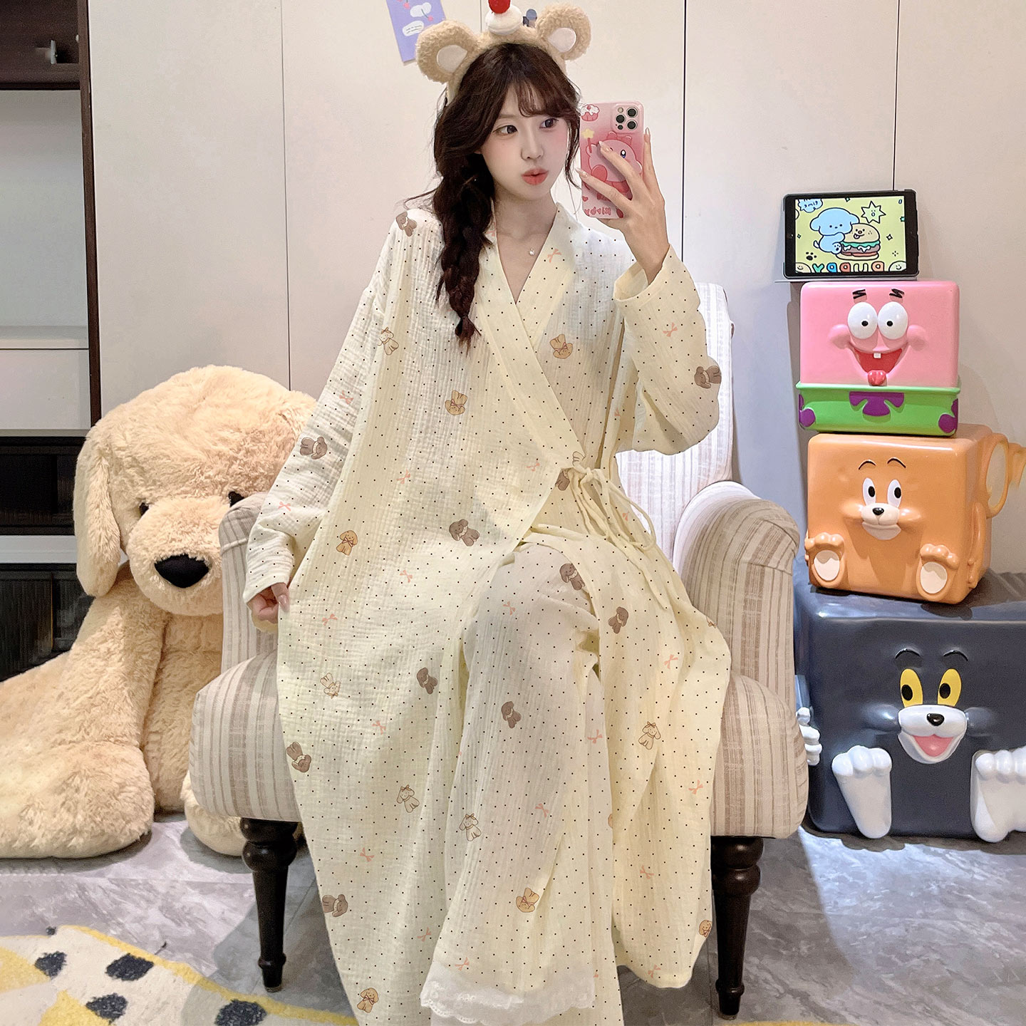 少女纯棉春秋季长袖甜美碎花浴袍