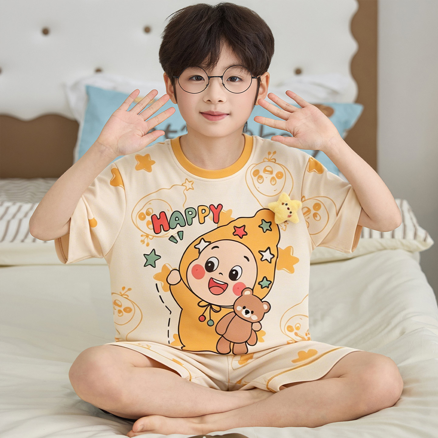 夏季男童短袖纯棉卡通中大童睡衣