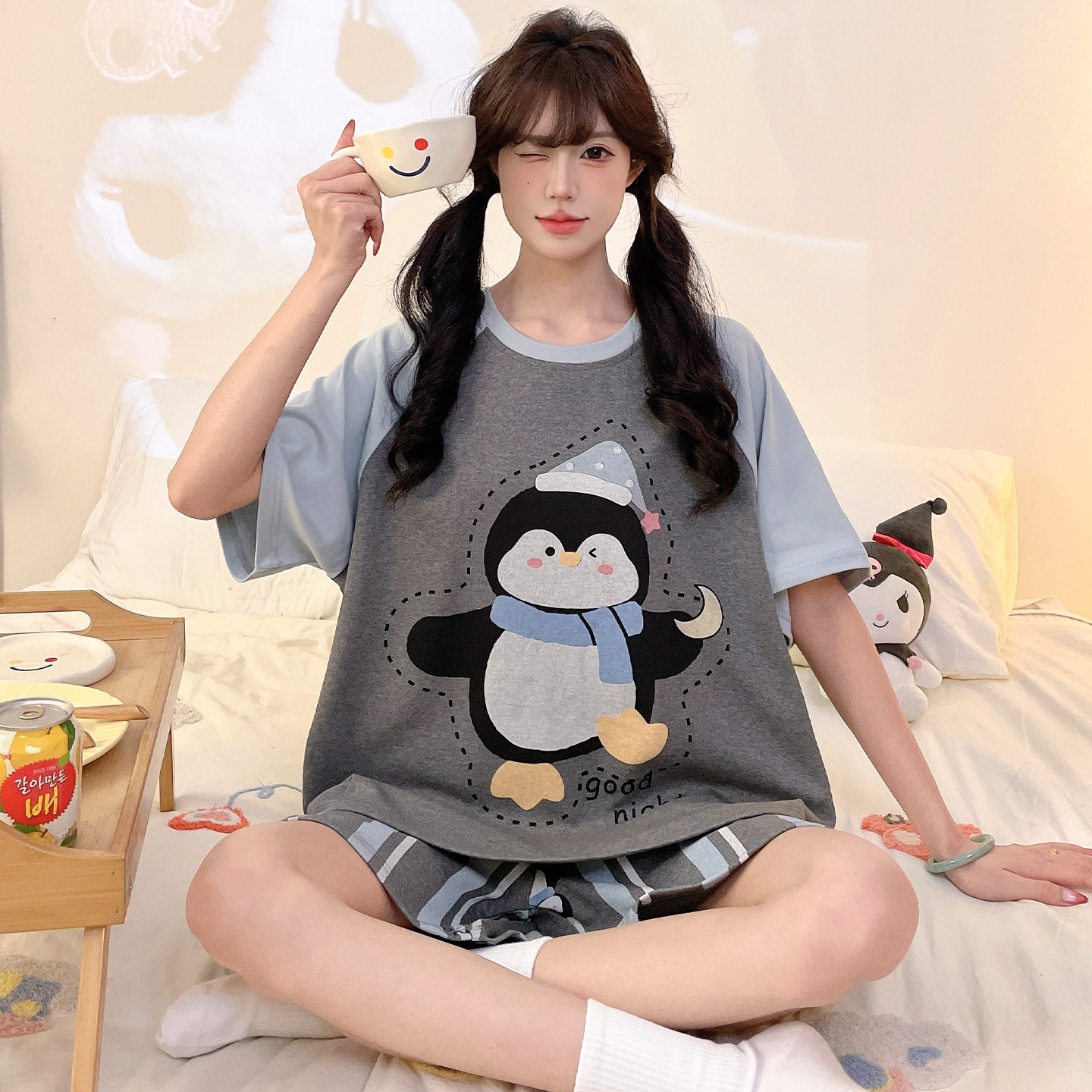 少女纯棉短袖夏季可爱企鹅家居服