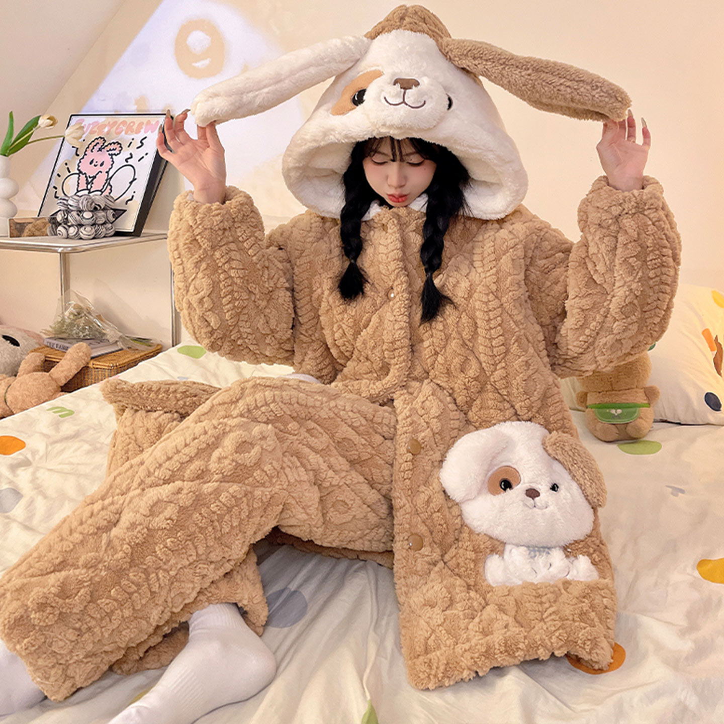 冬季女三层夹棉加厚卡通睡袍套装