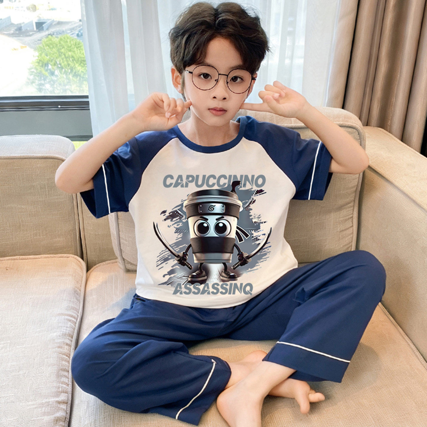 男童夏季薄款纯棉短袖中大童睡衣