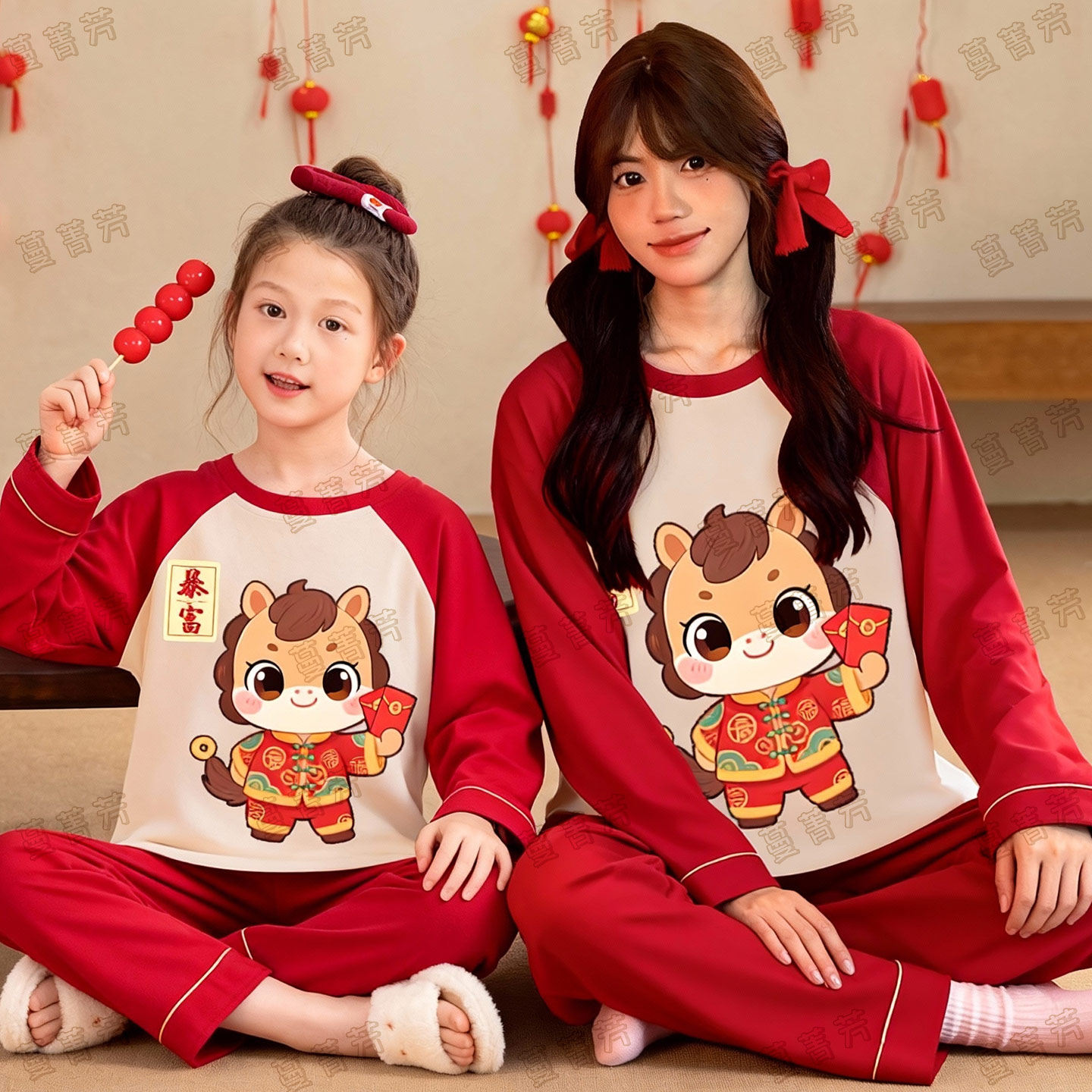 本命年家居服女大红色纯棉新年套装卡通马年小女孩亲子睡衣母女装