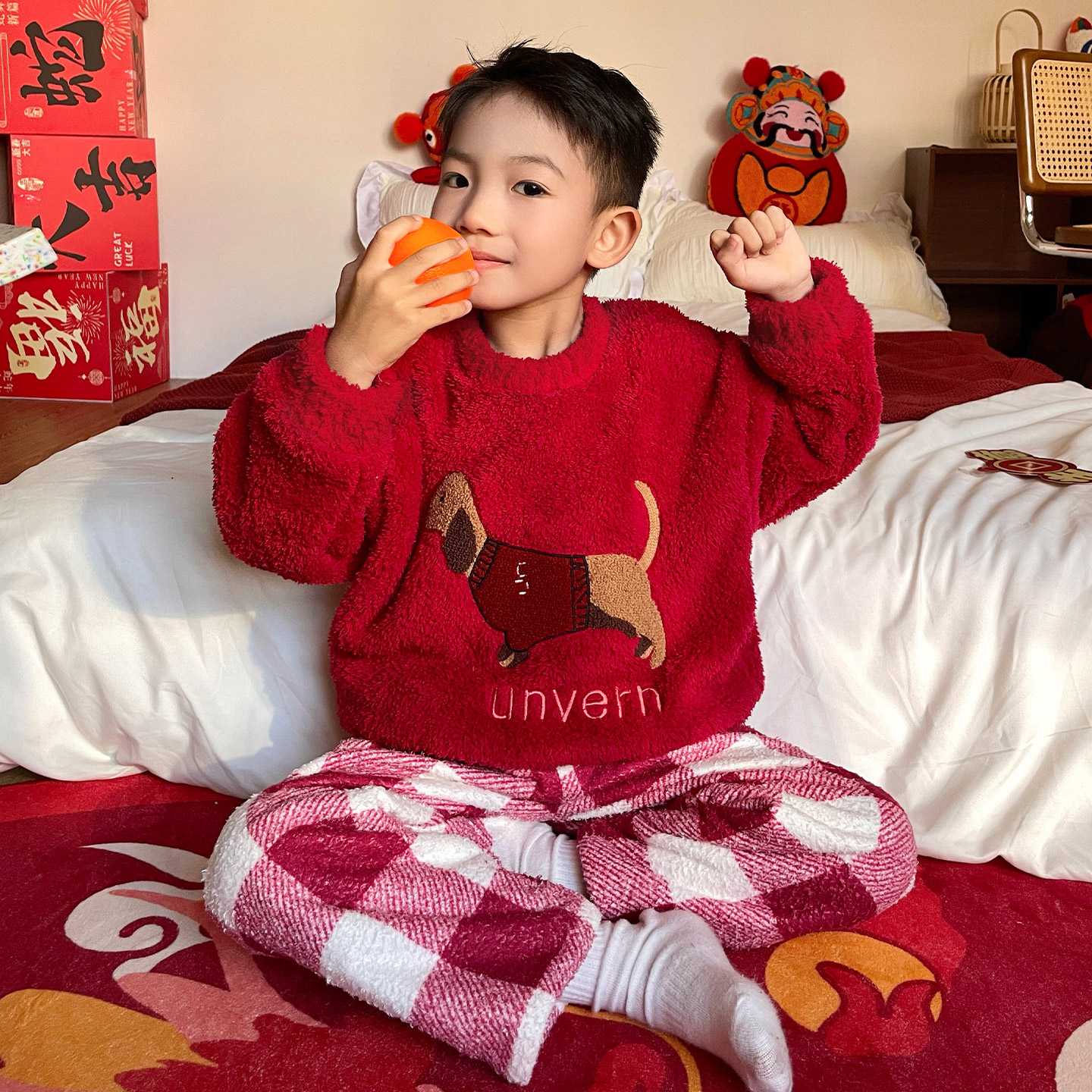 男童秋冬半边绒新年卡通家居服