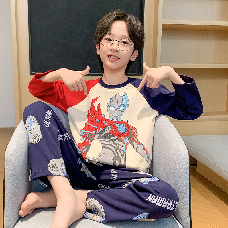 男童睡衣春秋长袖纯棉套装奥特曼