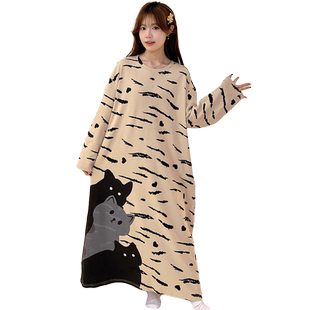 长裙到脚踝超长款睡衣秋冬女睡袍条纹纯棉家居连衣裙春秋长袖睡裙