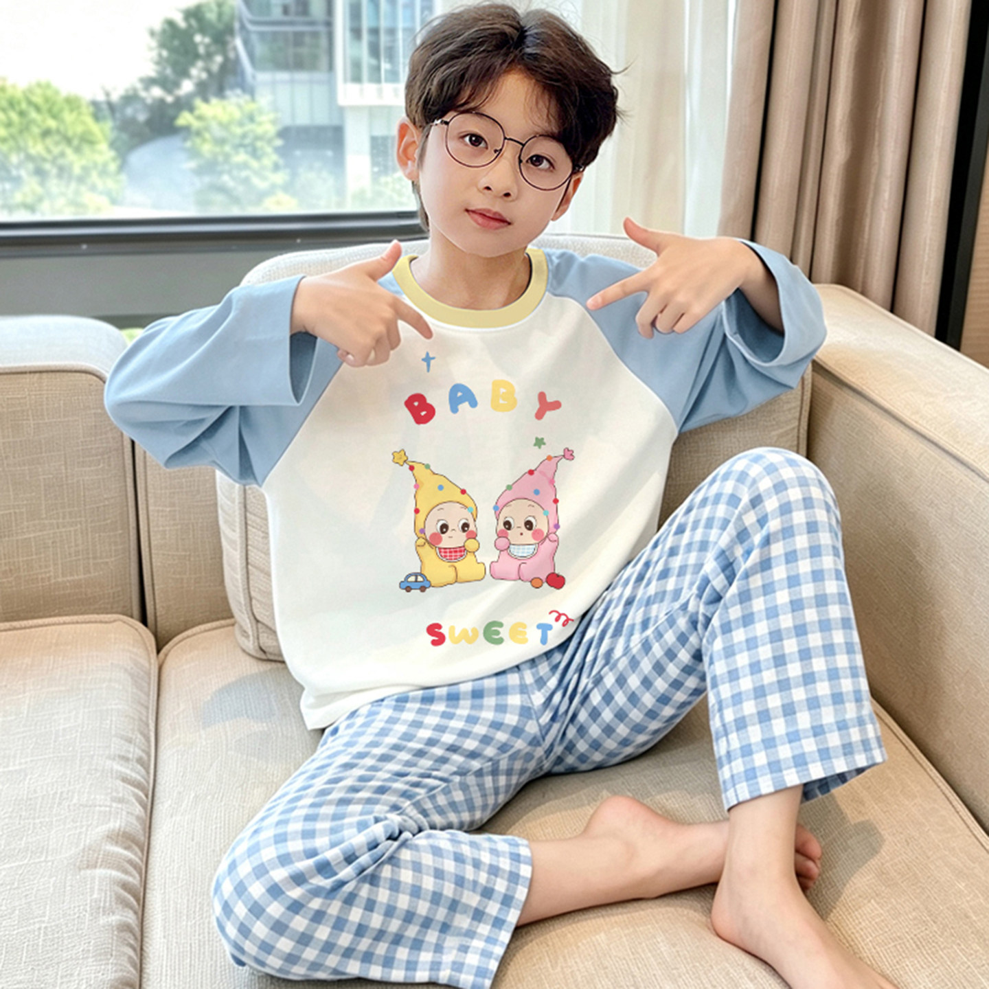 纯棉春秋长袖儿童男孩青少年睡衣