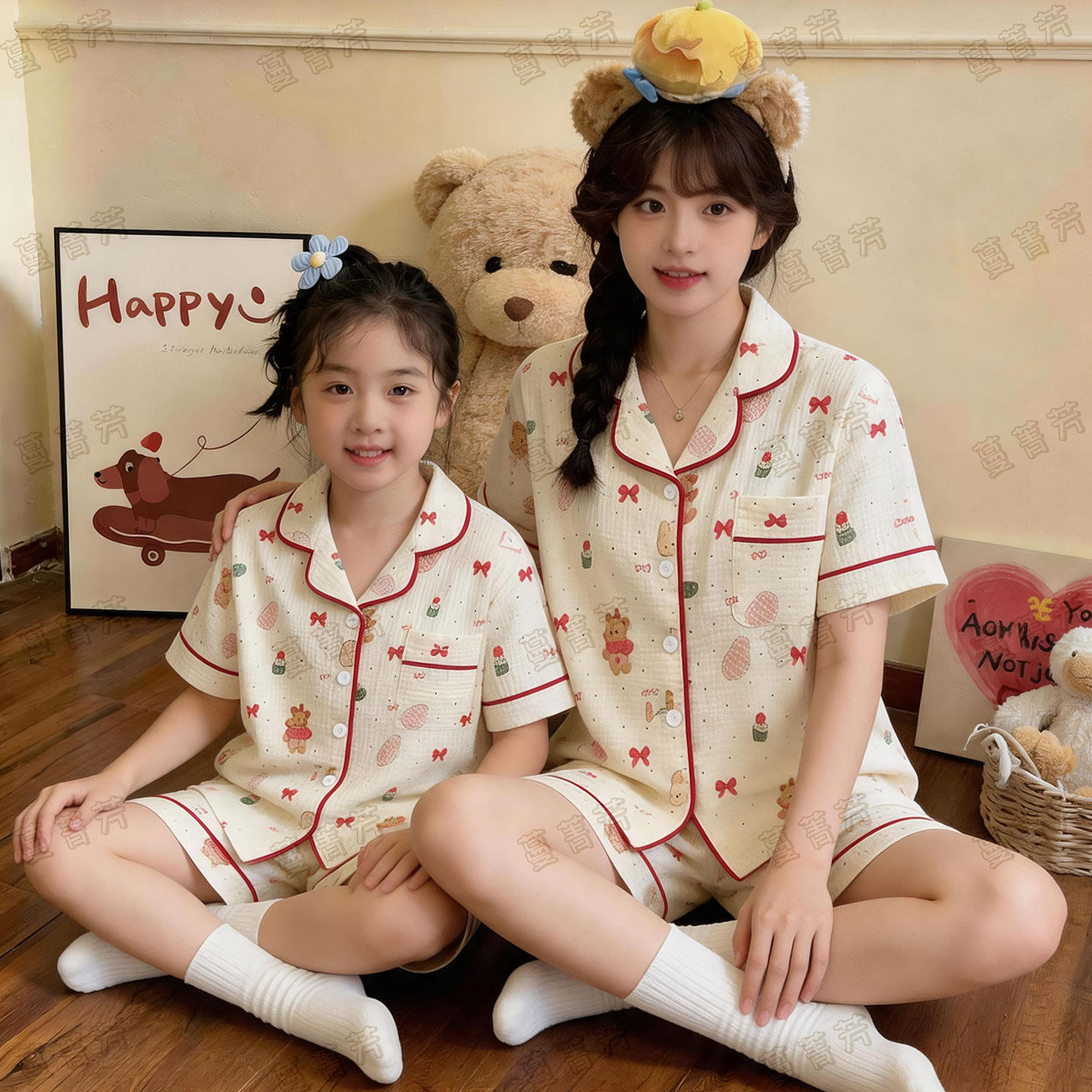夏款母女纯棉短袖卡通中大童睡衣