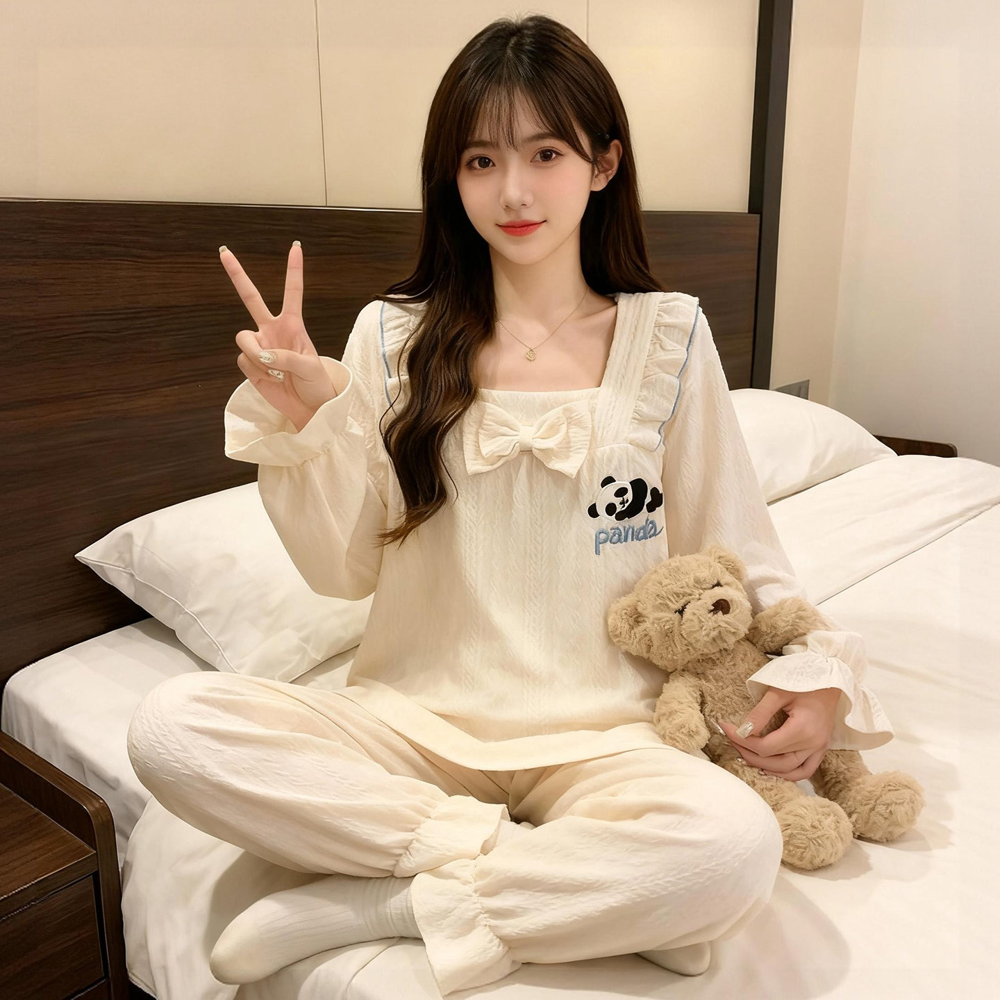 母女带胸垫纯棉长袖春秋熊猫睡衣