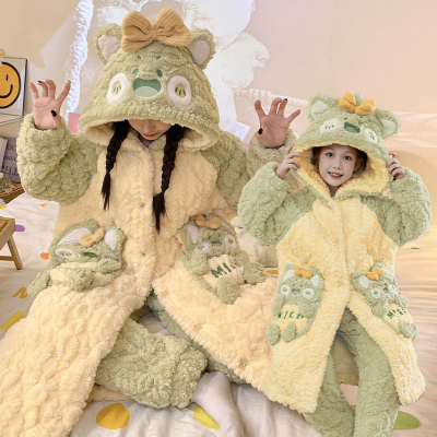 冬亲子睡衣女三层夹棉富贵猫睡袍