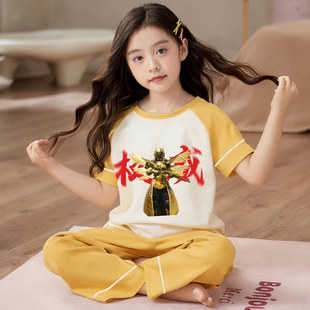 儿童睡衣女童夏季纯棉短袖长裤薄款小女孩学生权威半袖家居服套装