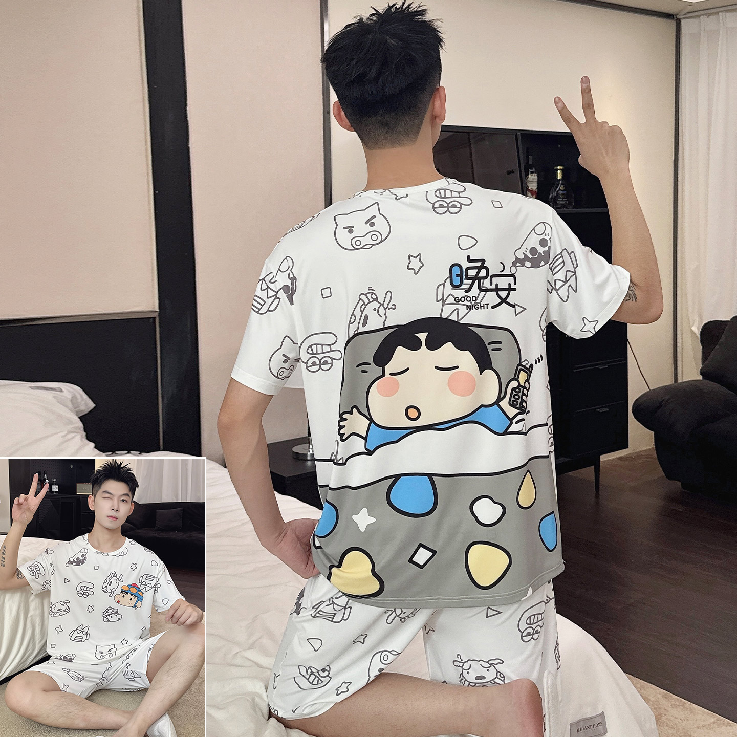 男款冰爽棉夏天短袖卡通学生睡衣