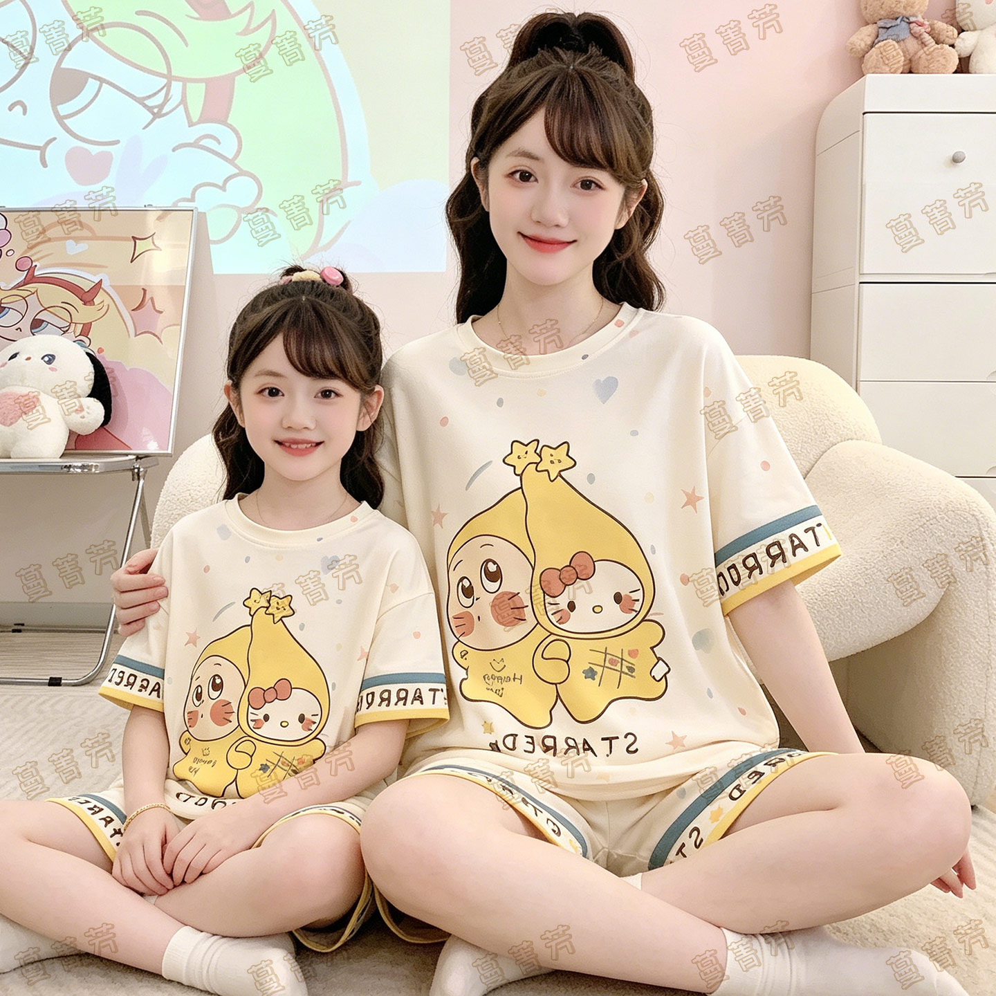 睡衣女童夏季纯棉星星短袖母女装