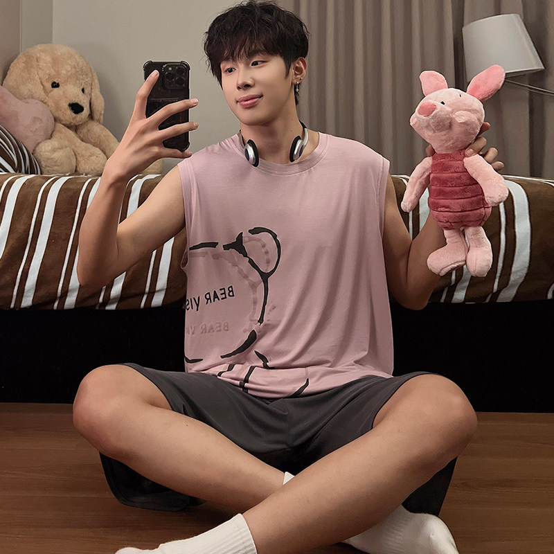 夏季背心睡衣男莫代尔家居服套装