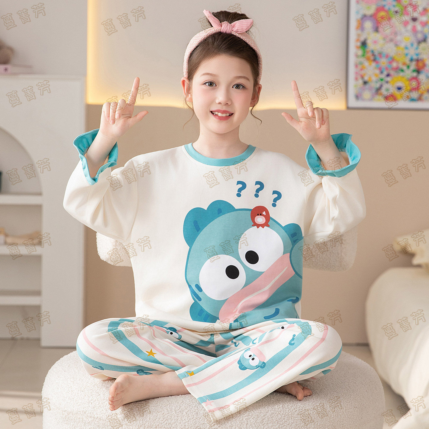 女童睡衣纯棉长袖秋装丑鱼家居服