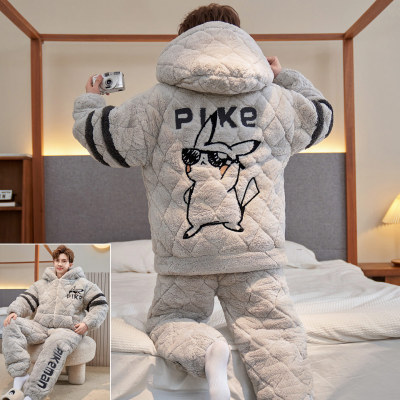 男冬季连帽皮卡丘三层夹棉家居服