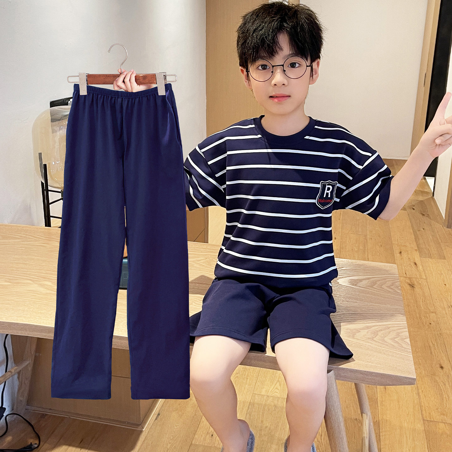 男童纯棉短袖三件套条纹夏季睡衣