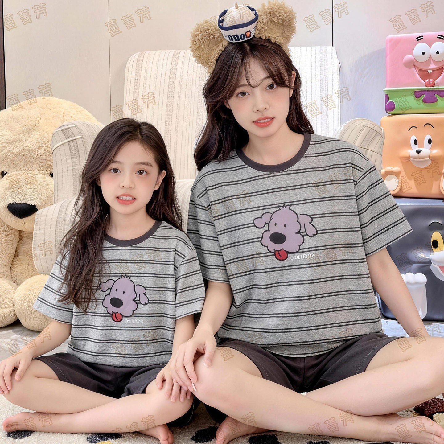 母女夏季纯棉条纹短袖中大童睡衣