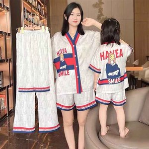 母女睡衣短袖冰丝夏季薄款亲子套装夏天丝绸卡通三件套女童家居服