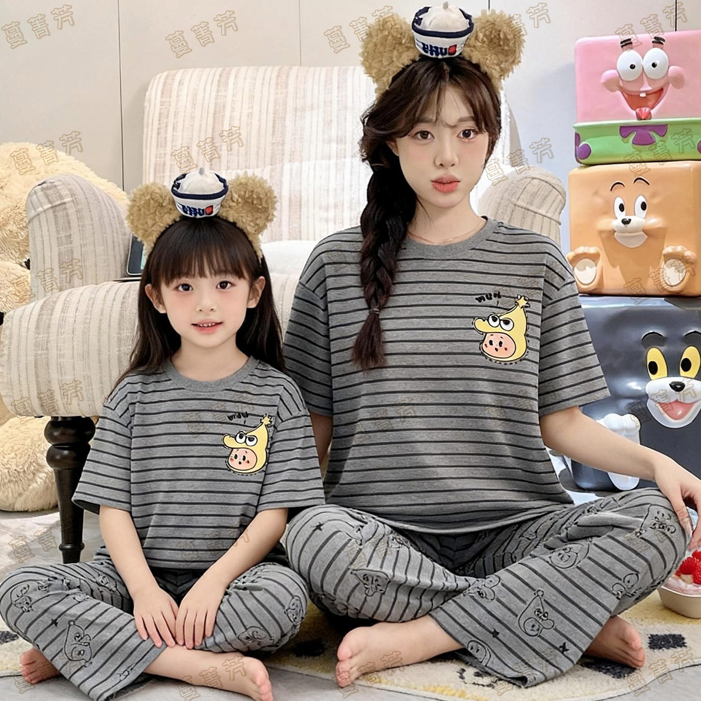 夏季纯棉短袖长裤条纹母女家居服
