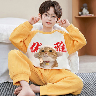 男童睡衣秋冬季款长袖加厚空气棉搞笑优雅猫男孩青少年家居服套装