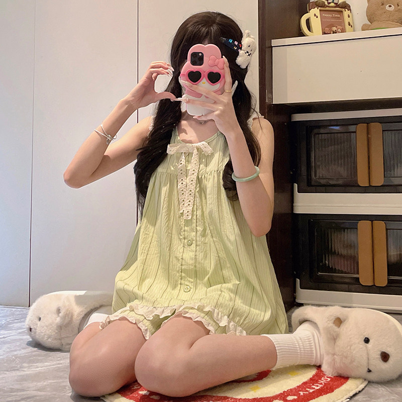 睡衣女大童夏蚕丝棉薄款背心短裤