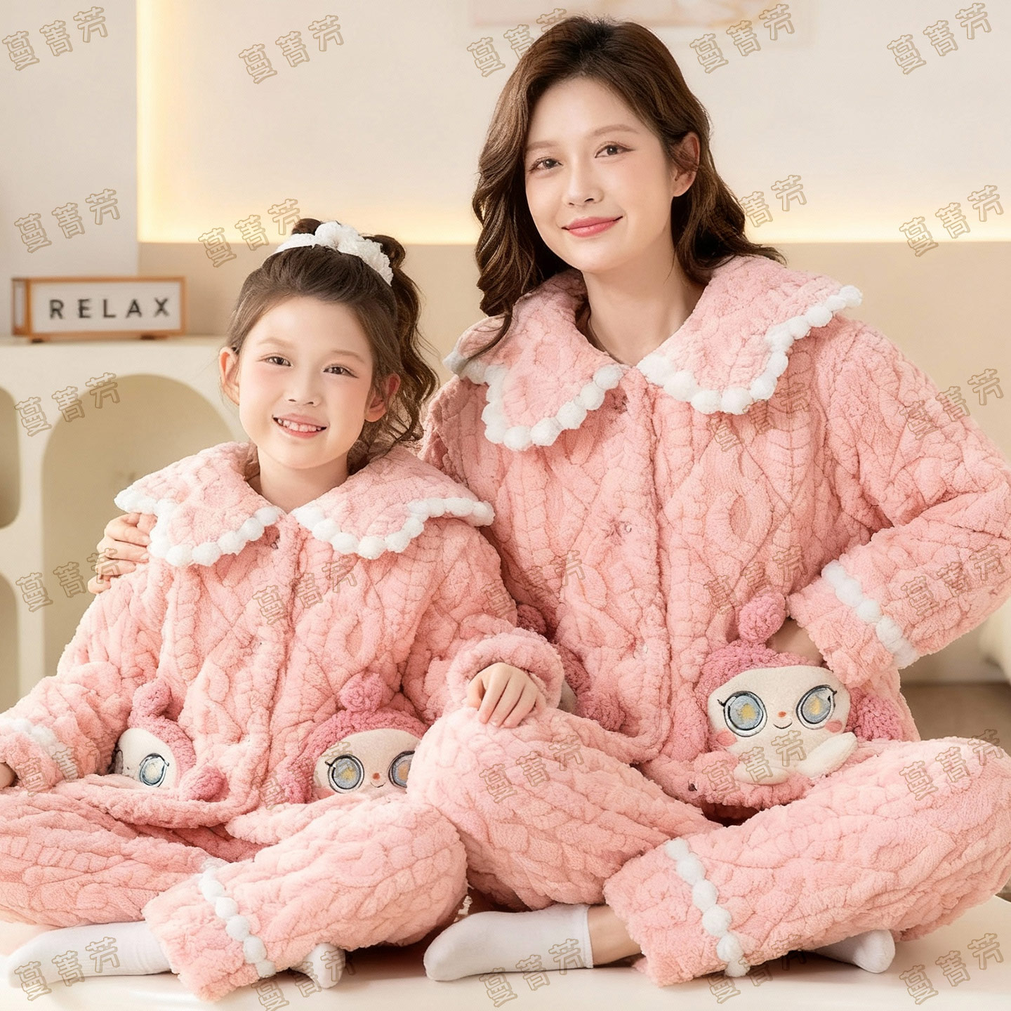 冬季母女三层夹棉加厚卡通家居服