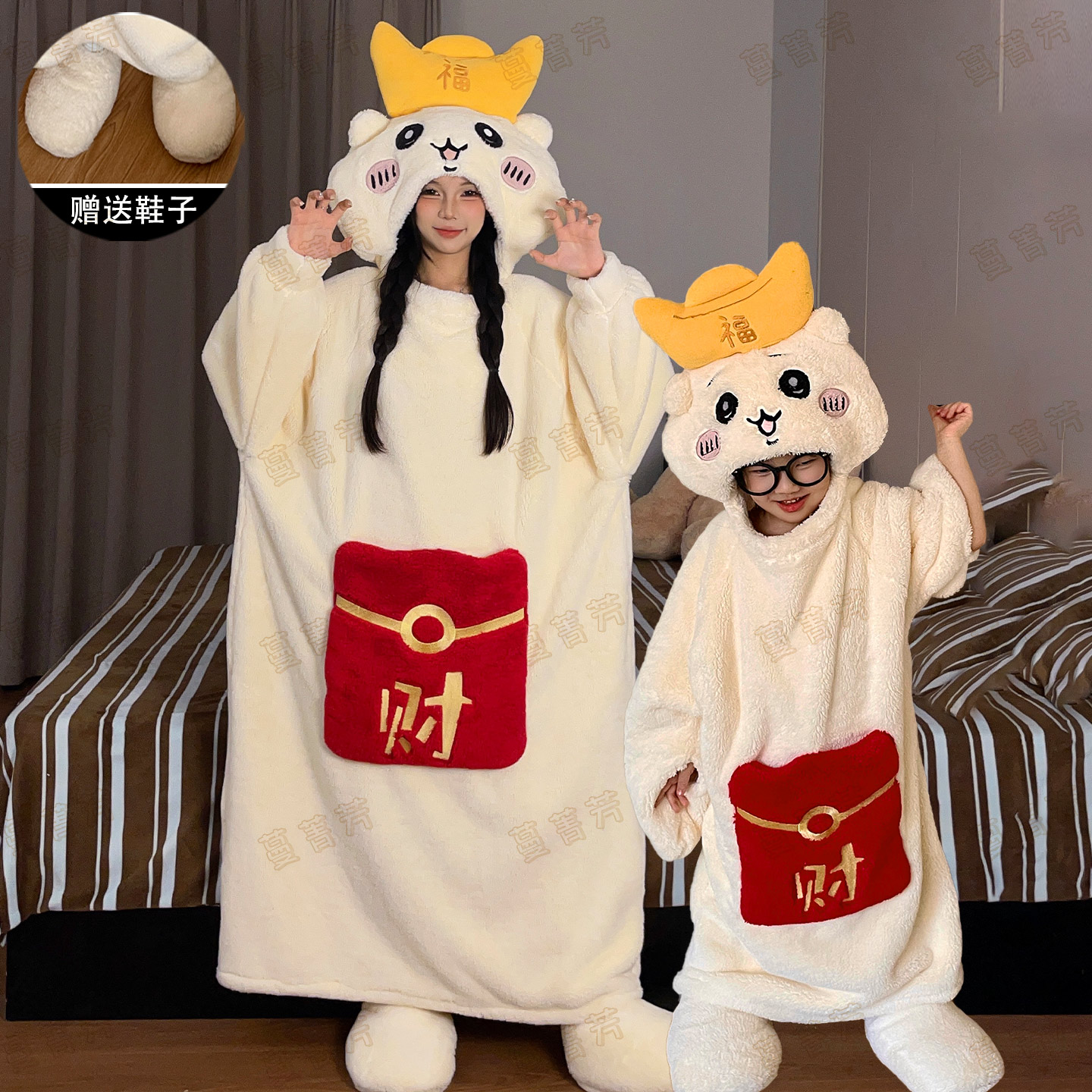 母女睡衣秋冬季珊瑚绒睡袋家居服