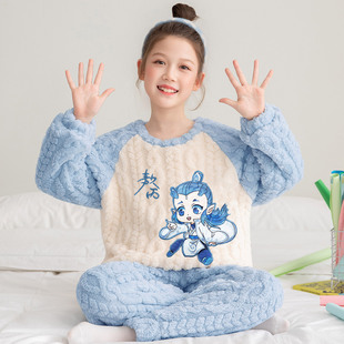女童睡衣秋冬季珊瑚绒加厚套装女孩大童宝宝儿童敖丙法兰绒家居服