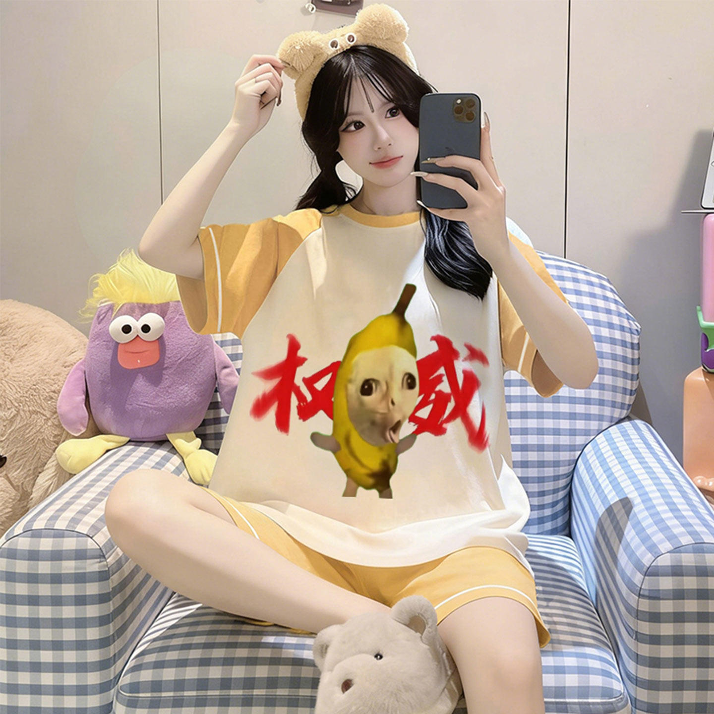 纯棉女款夏季短袖搞怪宽松家居服