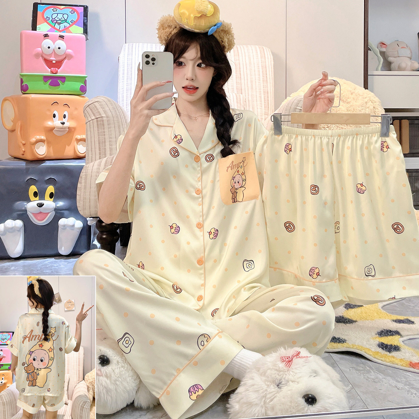 夏季可爱卡通冰丝少女短袖家居服
