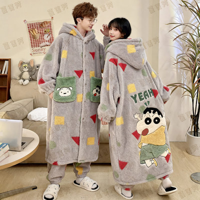 蜡笔小新情侣冬季连帽珊瑚绒睡袍