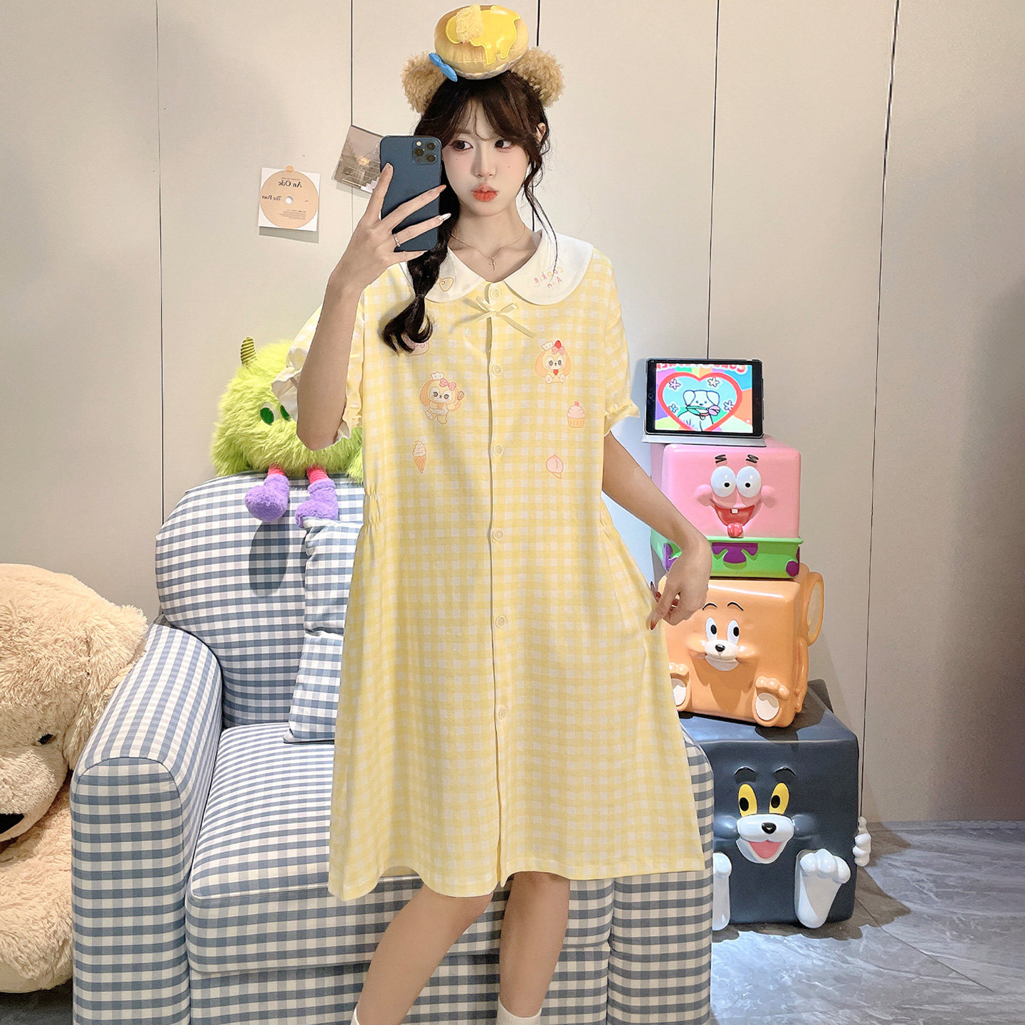 夏季纯棉短袖可琦安开衫女款睡裙