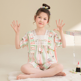 蜡笔小新儿童睡衣女孩夏季云朵棉短袖短裤薄款带胸垫防凸点家居服