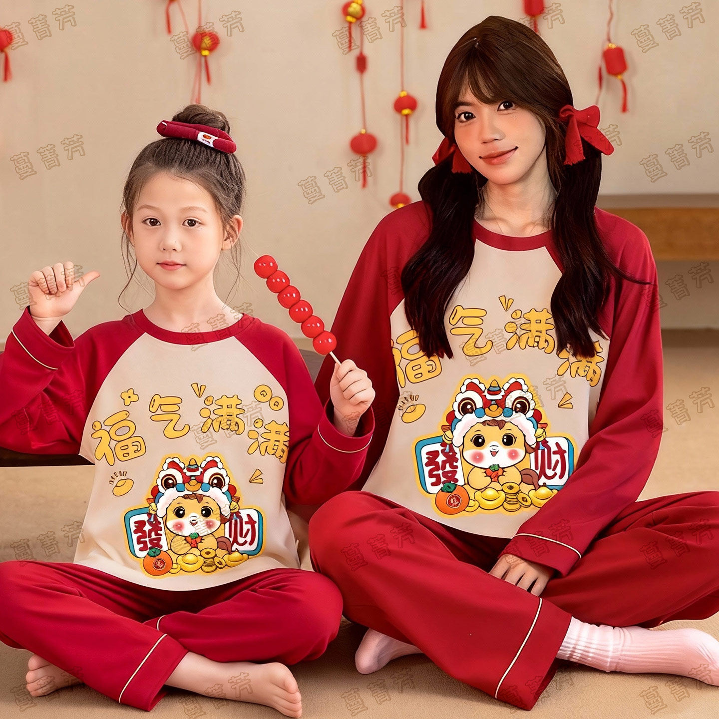 马年新年亲子装母女春秋纯棉睡衣大码红色家庭装过年拜年服家居服