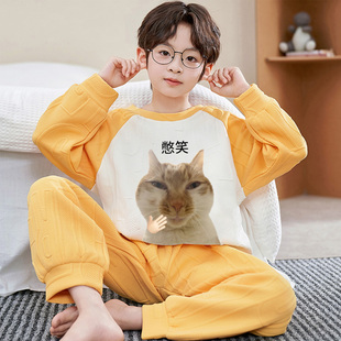 男童空气棉睡衣2025新款秋冬季圆领两件套装初中生抽象搞笑家居服