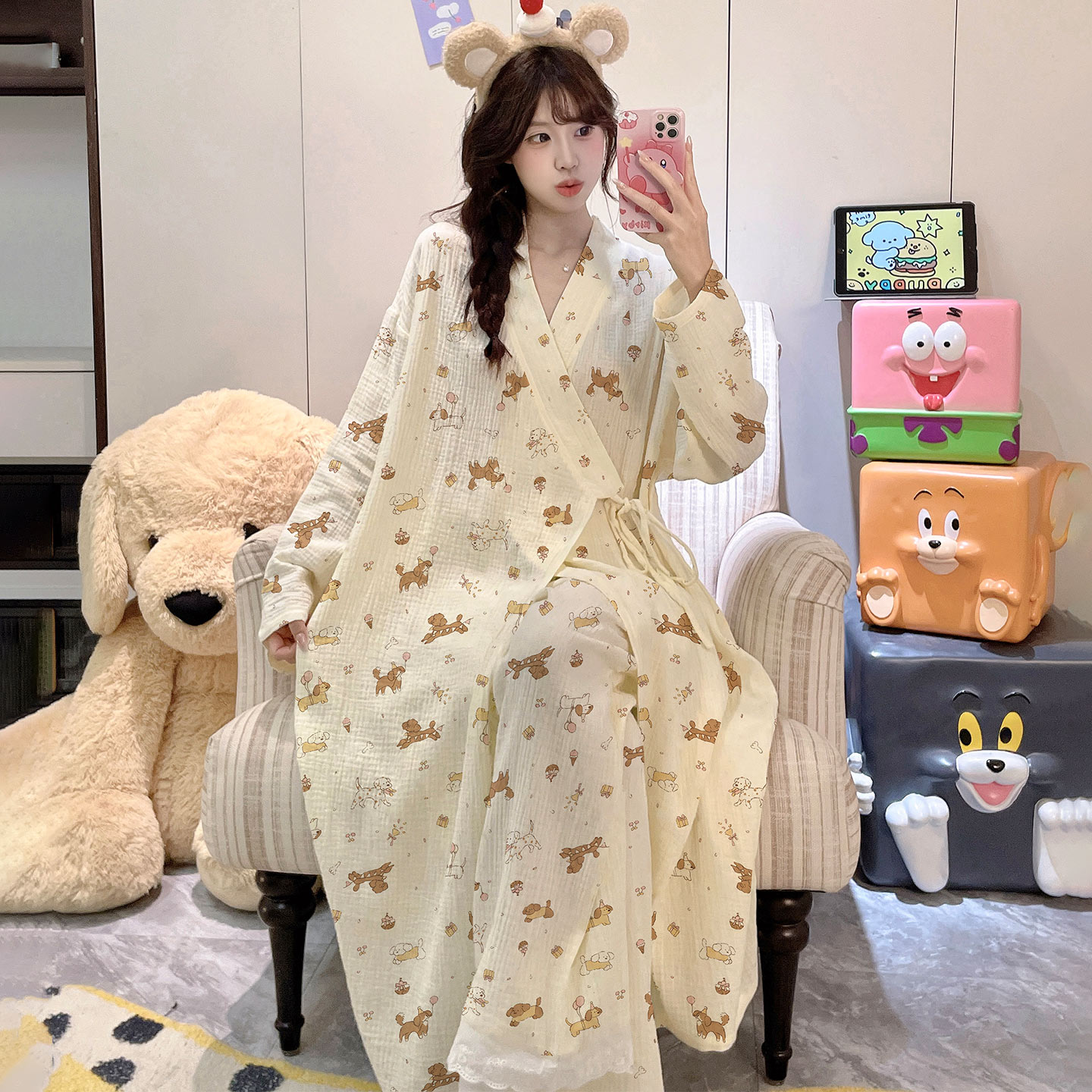 女款春秋纯棉长袖中长款可爱浴袍