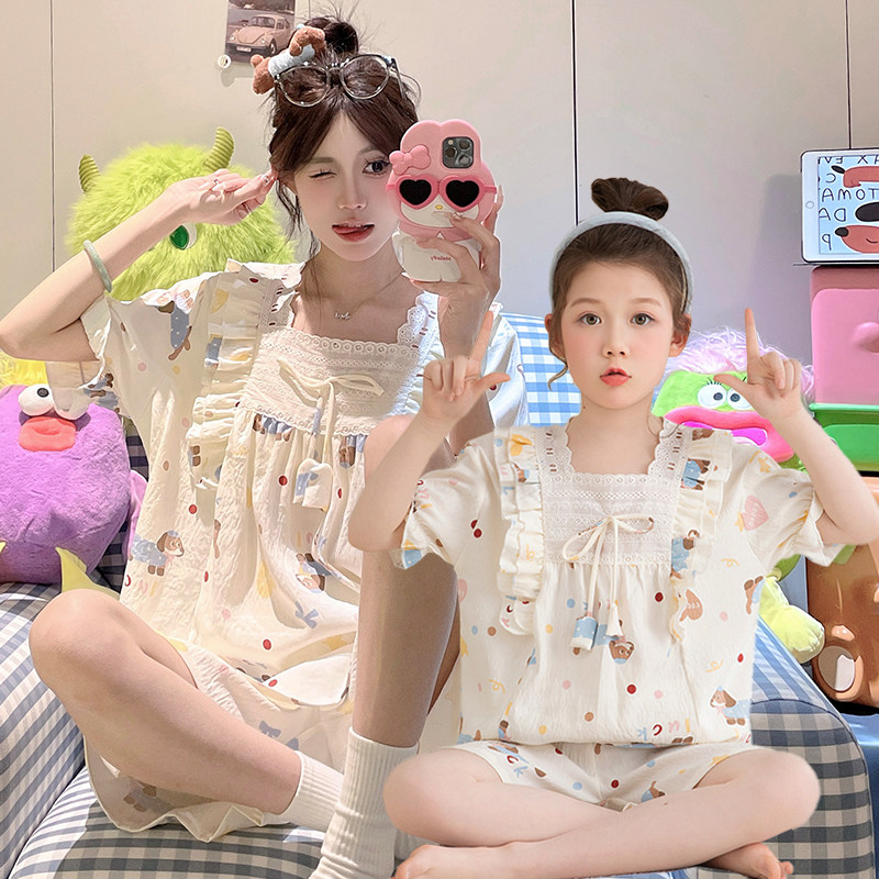 亲子母女睡衣女童夏季云朵棉短袖薄款腊肠狗中大儿童带胸垫家居服