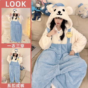 吉伊卡哇珊瑚绒连体睡衣女冬季 加厚法兰绒睡袍可外穿保暖小八睡裙
