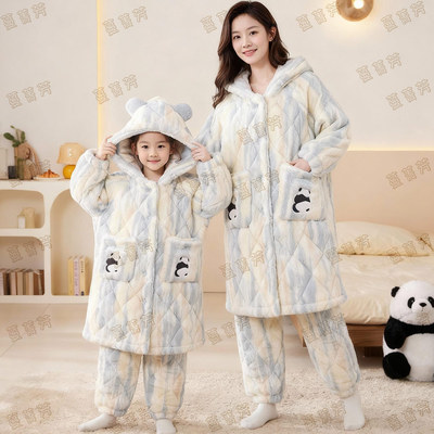 母女三层夹棉冬装熊猫睡袍家居服