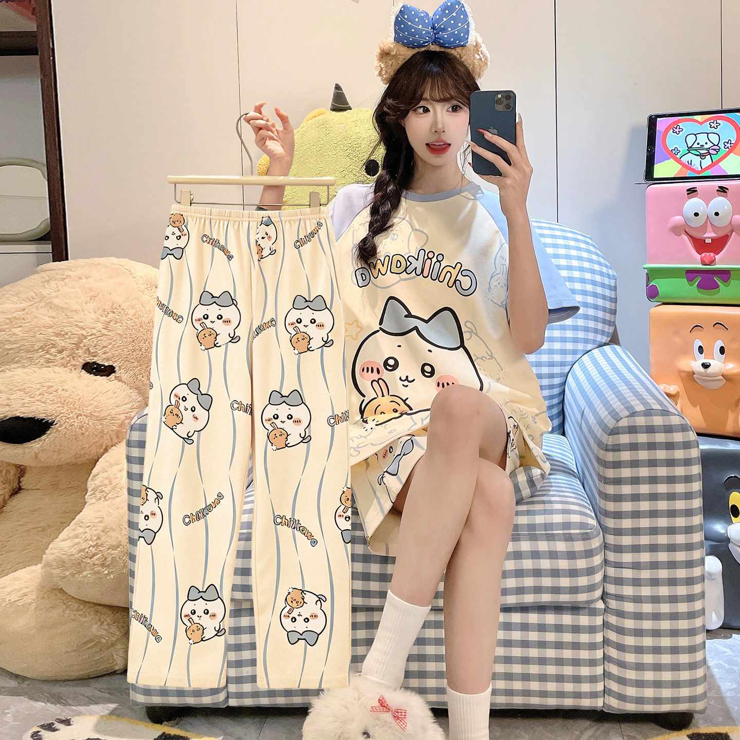 纯棉夏季女款短袖卡通学生家居服