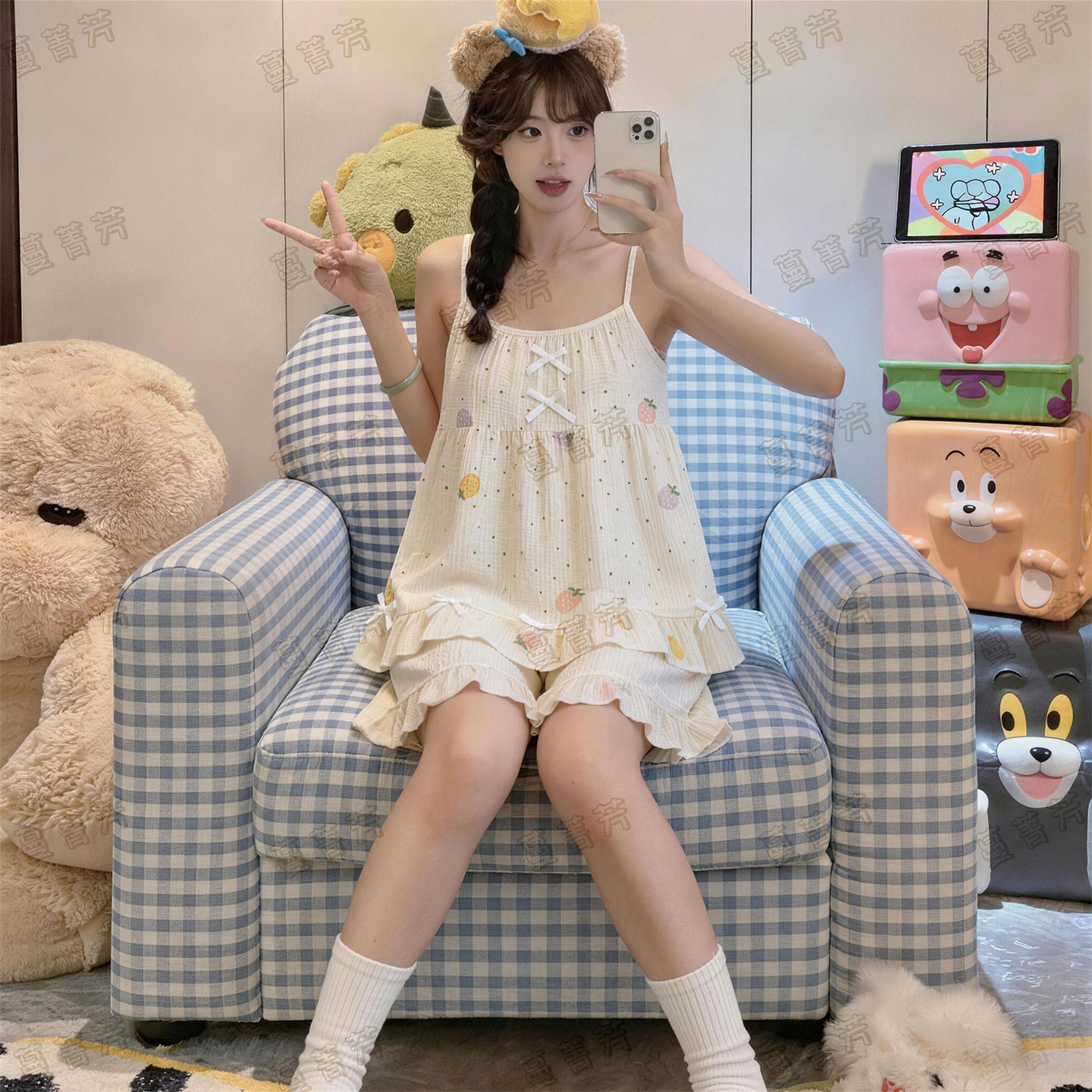 少女夏季纯棉波点吊带短裤家居服