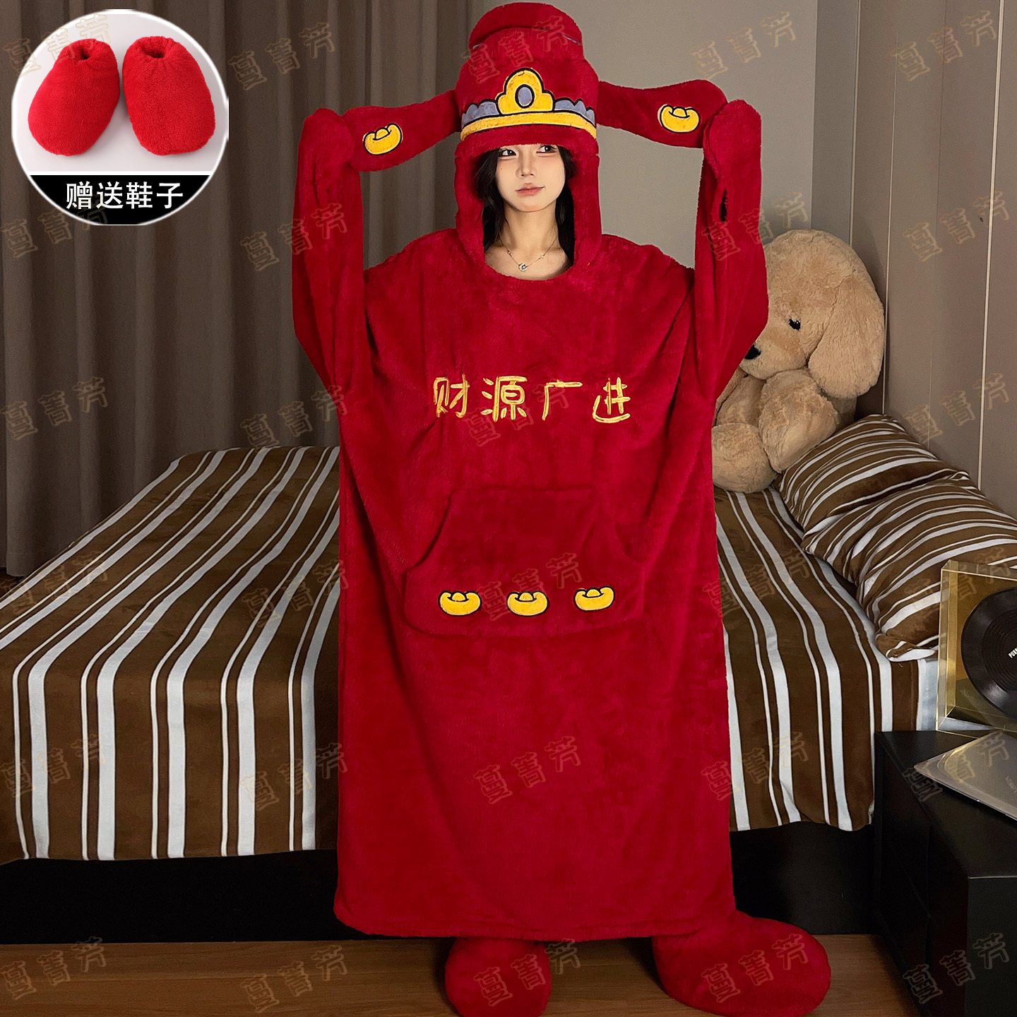 珊瑚绒睡衣女冬季财神睡袋家居服