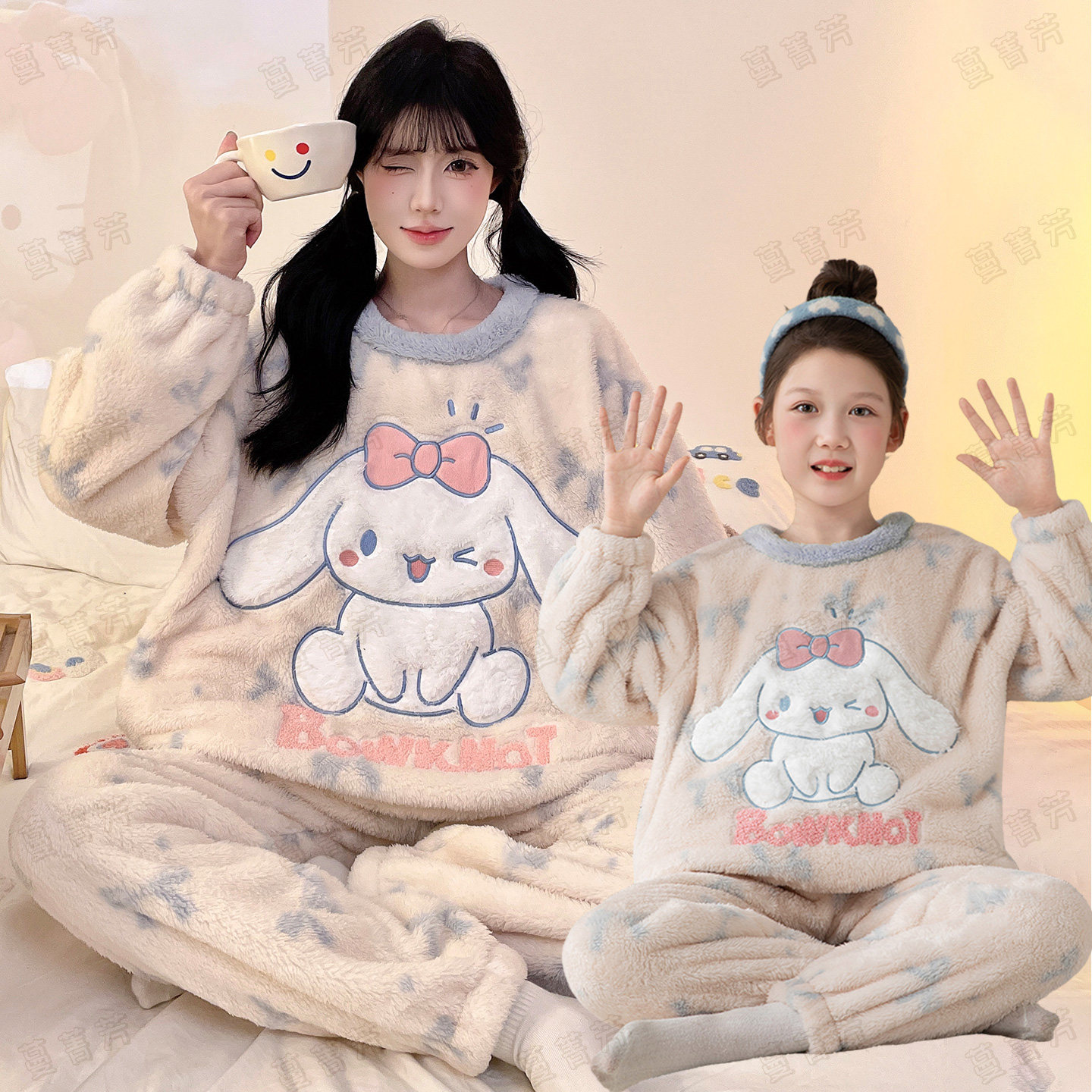 母女装珊瑚绒睡衣秋冬款儿童法兰绒女童玉桂狗女孩冬季家居服套装